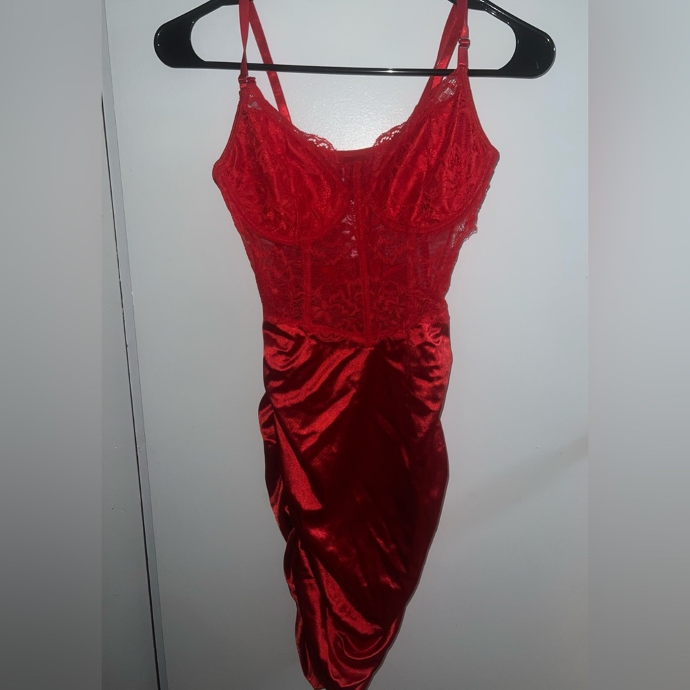 Red laced satin dress